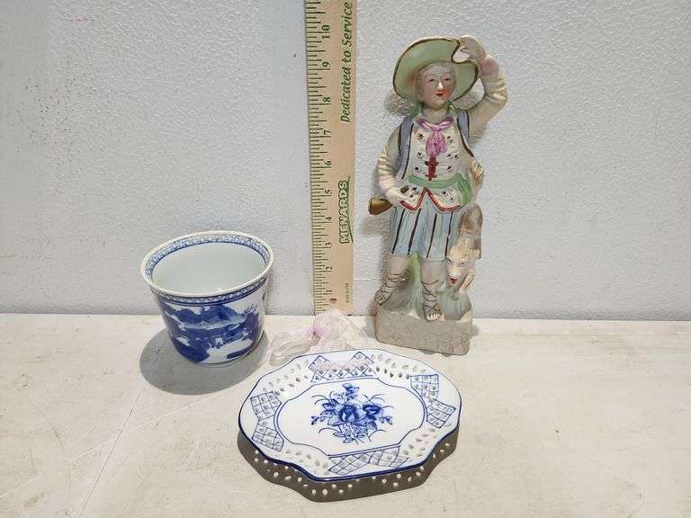 Vintage Porcelain Statue 10" Arm Has Been Repaired Has Crack, Made In China Bowl And Porcelain Wall 