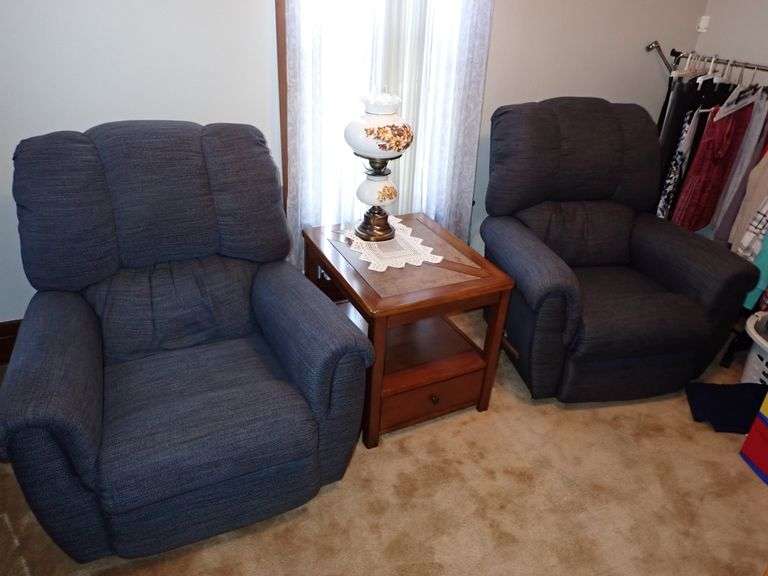 TWO Matching Blue Fabric LAZY BOY Recliners - Both are clean and fully operational.