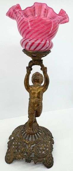 Antique BEAUTIFUL Decorative Brass Cherub Oil Lamp with Cranberry Swirl Ruffled Glass Shade