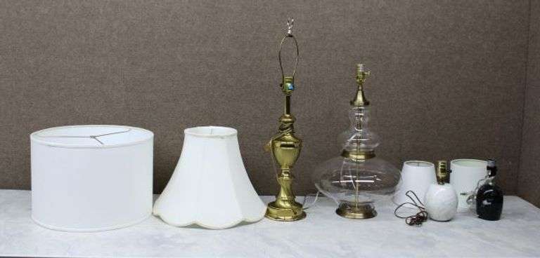 Table Lamp Lot with Brass, Glass, and Ceramic Bases & Lamp Shades