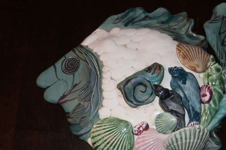 Handcrafted Ceramic Fish-Shaped Wall Art with Seashell Accents – Signed Salama 2015