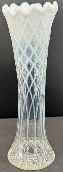 Jefferson Glass White Opalescent Diamond and Thumbprint Vase