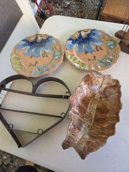 Pottery plates, bowl and metal heart