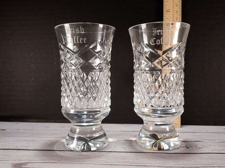 2pc GALWAY Blarney Glasses, Etched & Cut Lead Crystal IRELAND - Blown Glass attached handles