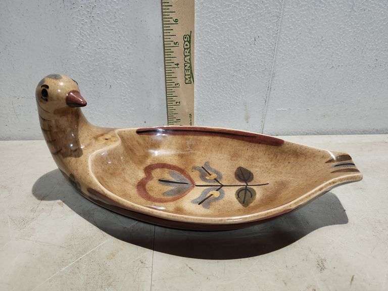 Vintage California Cleminsons Pottery Distelfink Dove Bird Serving Dish 5''X12''X6.5''