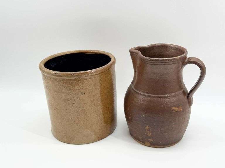 Brown Glazed Ceramic Pitcher and Matching Cylindrical Crock