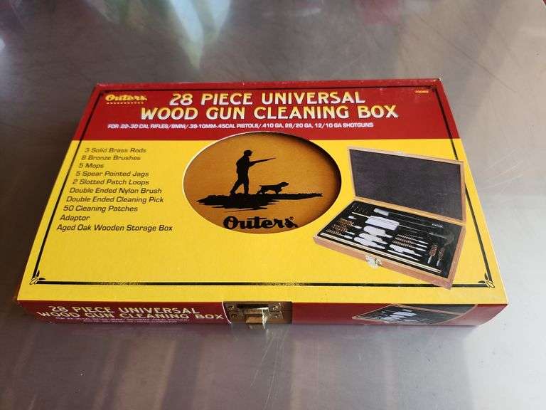 Outers 28 Piece Universal Wood Gun Cleaning Box For .22-.30 Cal Rifles/9mm/.38-10mm-.45 Cal Pistols/