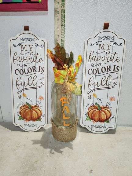 Fall Glass Bottle 13'' & 2 Fall Signs 16''X6''
