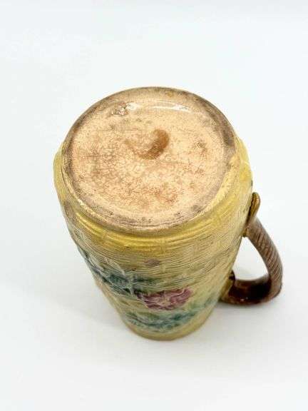 Antique Majolica Basketweave Dogwood Pottery Pitcher