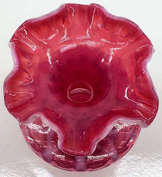 Fenton Pink Ruffled Hand-Blown Glass Vase with Lattice Optic Design