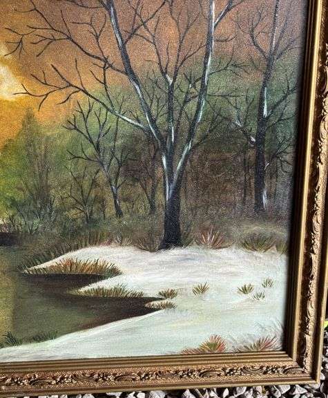 Large Vintage Framed Winter Landscape Original Oil Painting with Gold Ornate Frame