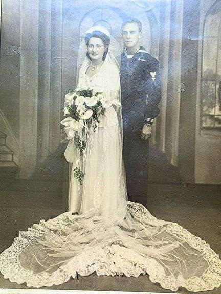 Beautiful Vintage 1944 Wedding Photograph of Bride and Navy Officer in Gorgeous Frame!