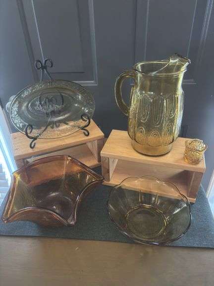 Vintage Blenko Etched Bowl, Anchor Hocking Pitcher & Bowl plus  other Amber bowl & small extra