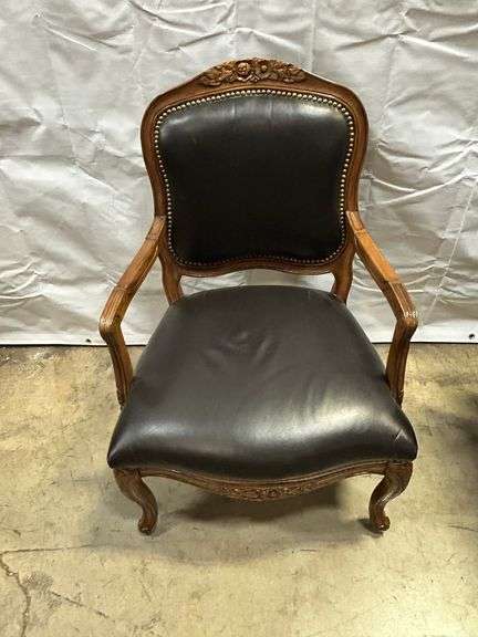 Louis XV Style Carved Wood Armchair with Black Upholstery