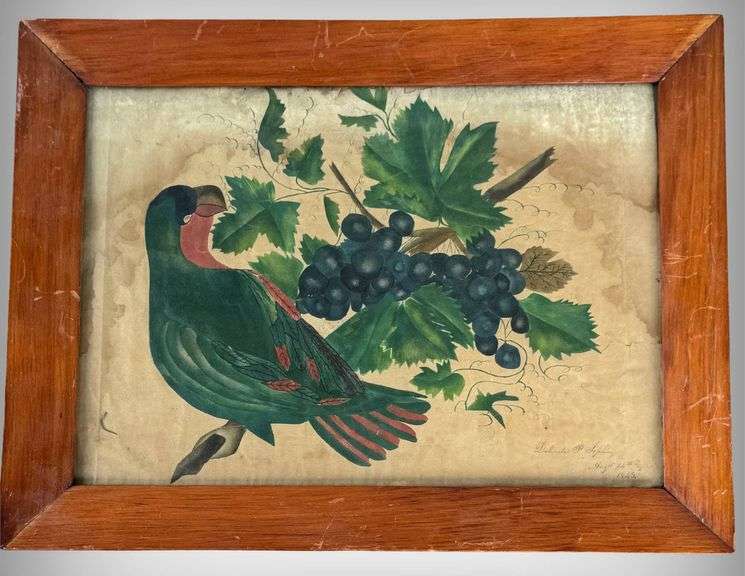 Antique 1843 Hand-Painted Bird and Grapes Artwork by Dalinda P. Sibling