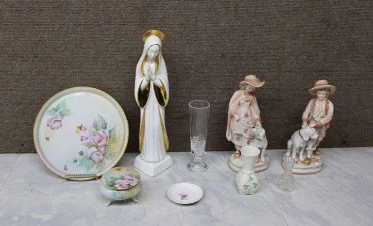 Porcelain Figurines, Nippon Hand-Painted Dish, Belleek Vase, and Glassware