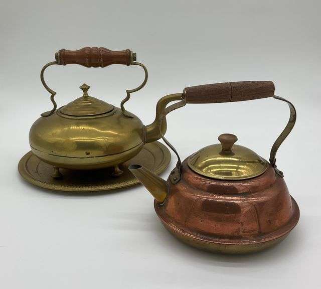 Antique Footed Brass Teapot with Tray and Copper Plated Teapot