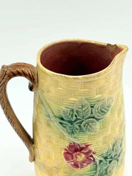 Antique Majolica Basketweave Dogwood Pottery Pitcher