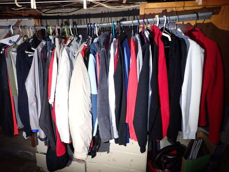 RACK OF MEN'S OUTERWEAR JACKETS AND MORE.  SEE ALL PHOTOS