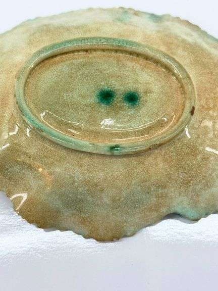 Antique Hand-Glazed Majolica Ceramic Leaf-Shaped Dish with Textured Detail