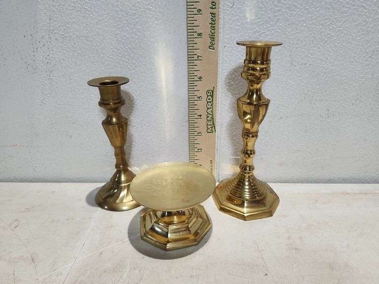 3 Brass Candle Holders Tallest Has A On Bottom And Is 8"