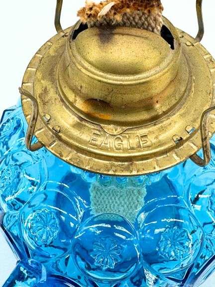 Vintage LE Smith Moon and Stars Glass Oil Lamp with Brass Eagle Burner