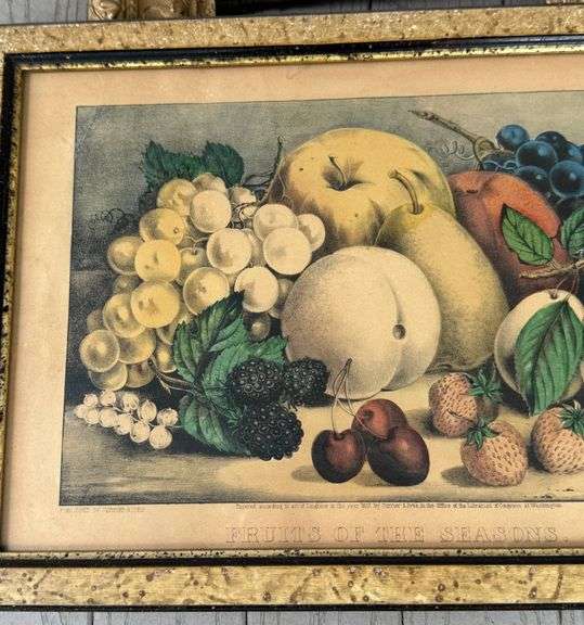 Original Currier and Ives Color Lithograph ‘Fruits of Summer’ by M.B. Parker in Gilt Frame