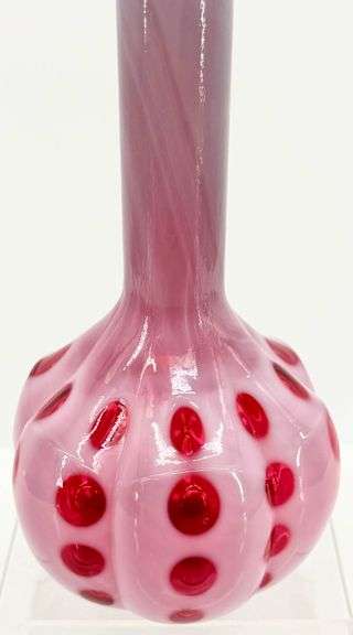 Antique Fenton Cranberry Coin Dot Art Glass Barber Bottle with Metal Stopper
