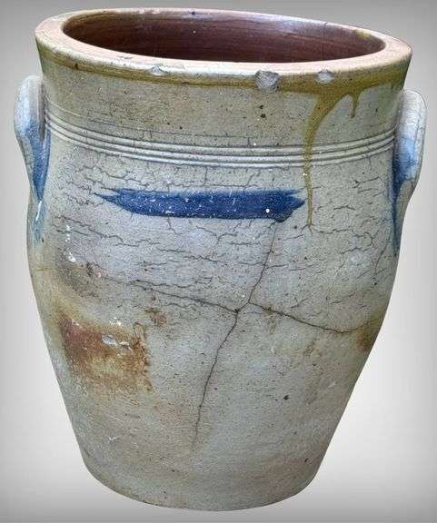 Stoneware Crock with Handles and Blue Decoration
