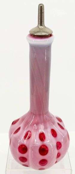 Antique Fenton Cranberry Coin Dot Art Glass Barber Bottle with Metal Stopper