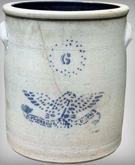 19th Century 6-Gallon Stoneware Eagle Crock With Handles