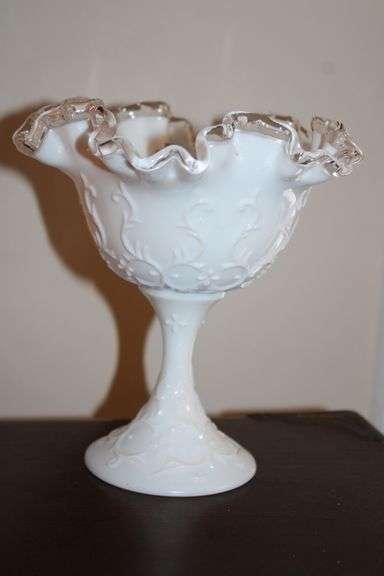 Fenton White Milk Glass Compote with Clear Crest – Embossed Floral Pattern