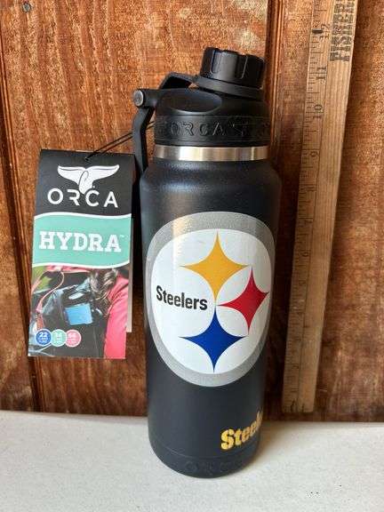 Orca Hydra 34 oz. Stainless Steel U.S.A. Made Tumbler Bottle Pittsburgh Steelers Large Logo