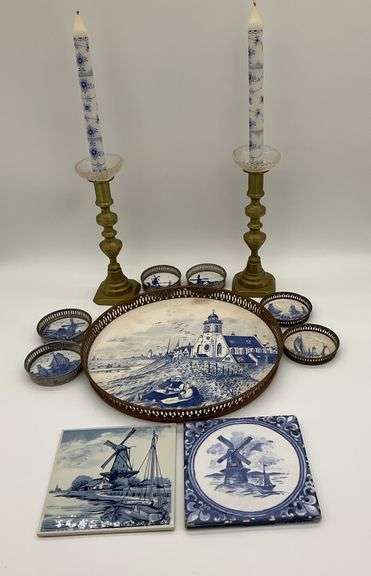 Vintage Warming Trivet Tray, Coasters, Brass Candlesticks and Rectangular Ceramic Trivets