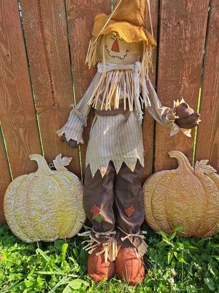 Scarecrow and 2 metal pumpkins