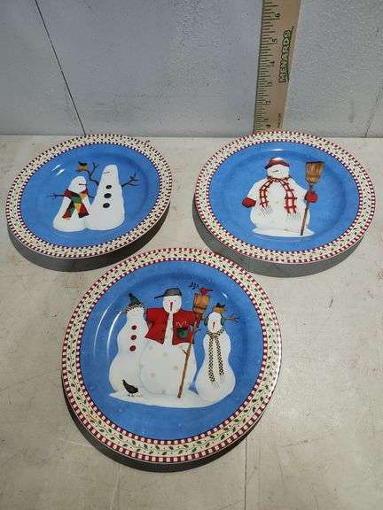 Three Sakura Snowmen Plates 8.5'' One Has A Chip On Back Of Rim