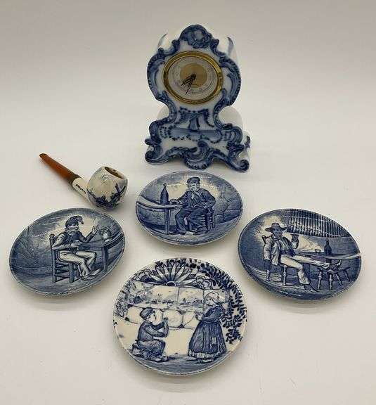 Vintage Set of Blue and White Plates, Clock and Pipe