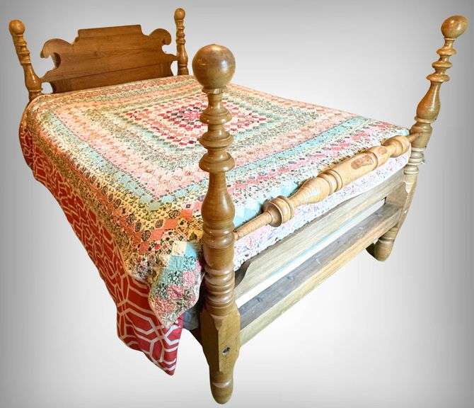BEAUTIFUL 1850’s Antique Curly Maple Spindle  Converted “ROPE” Bed  With Turned Posts and Decorative
