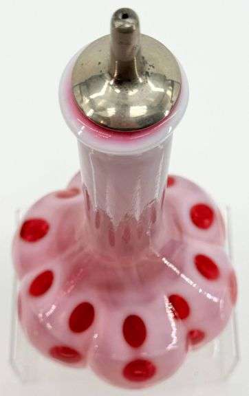 Antique Fenton Cranberry Coin Dot Art Glass Barber Bottle with Metal Stopper