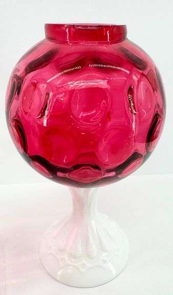 Vintage Fenton Cranberry Coin Dot Ivy Ball Vases