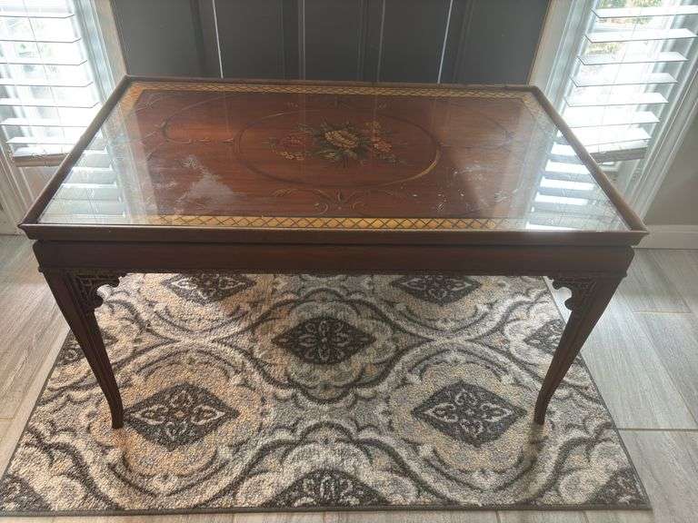 Floral painted coffee table w/ glass