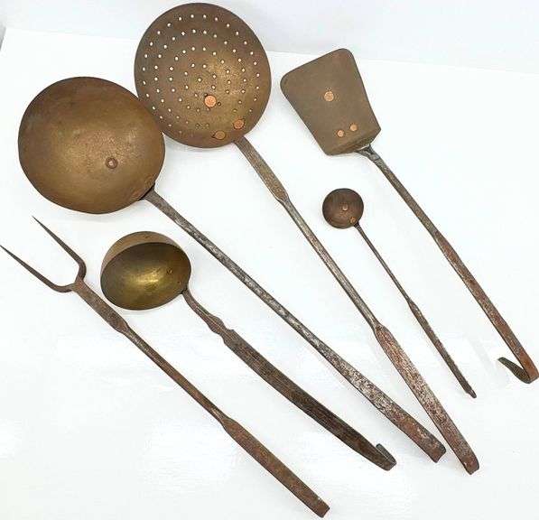 6 Hand-Forged Iron and Brass Kitchen Utensils