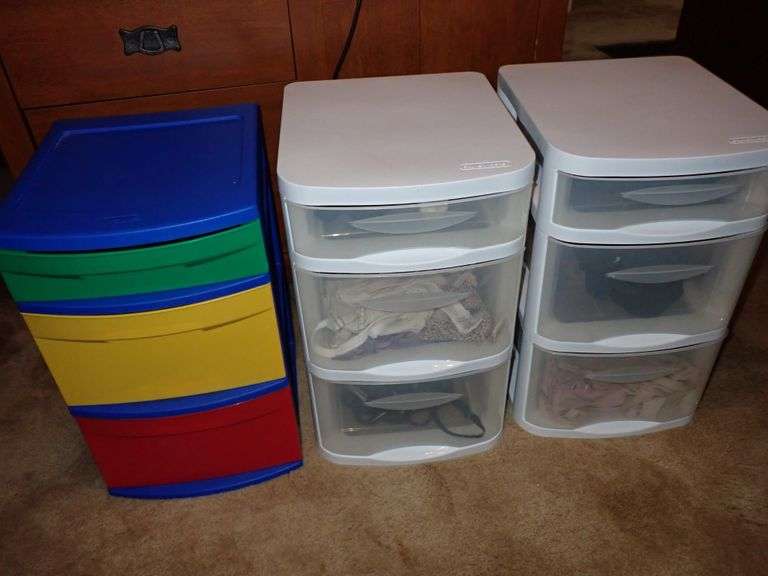 THREE - 3drawer plastic dressers w/contents