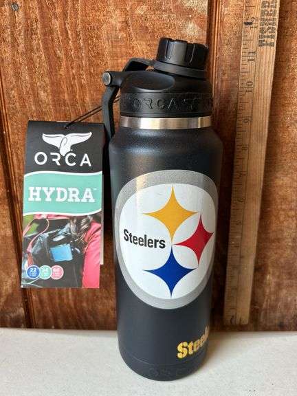 Orca Hydra 34 oz. Stainless Steel U.S.A. Made Tumbler Bottle Pittsburgh Steelers Large Logo