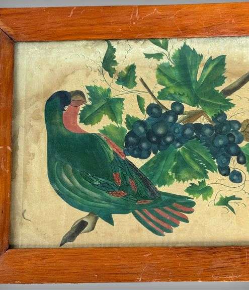 Antique 1843 Hand-Painted Bird and Grapes Artwork by Dalinda P. Sibling