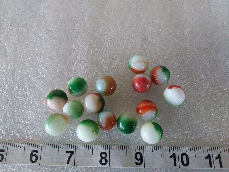 15 Assorted Vintage Green/White/Red Marbles