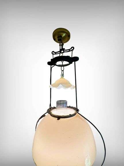 Ornate Hanging Brass and Glass Kerosene-Style Pendant Lamp