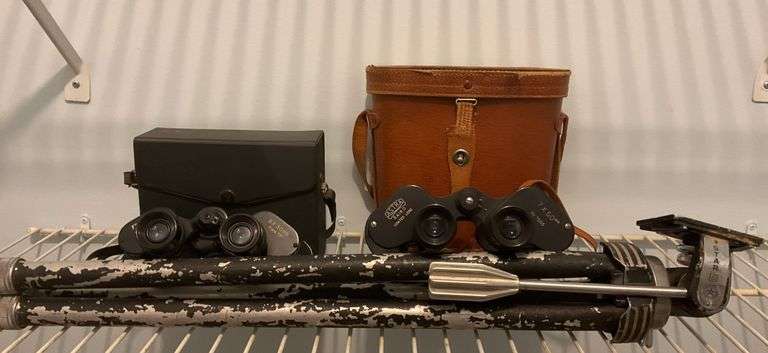 Two Pair of Binoculars and a Vintage Tripod