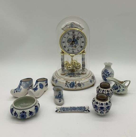 Blue, White and Gold Anniversary Clock and Miniature Blue Collectibles