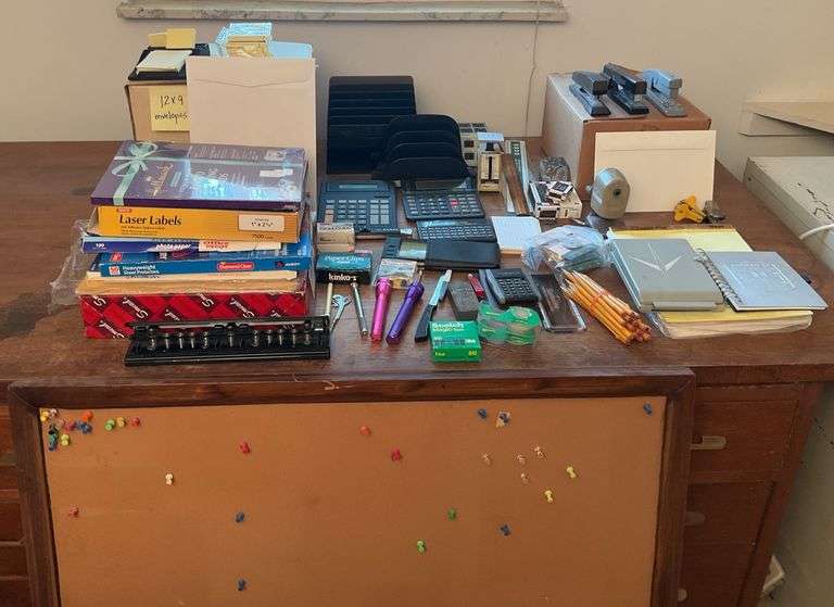 Large Collection of Office Supplies and Bulletin Board